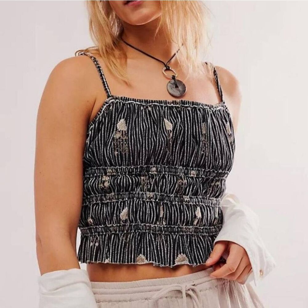 Free People Black and White Smocked Tank Top